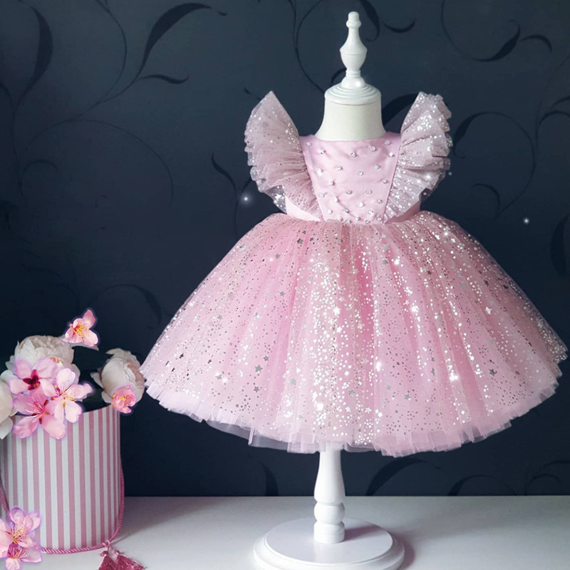Conyson Chirsmas Hot Sale Tulle Skirt Big Glitter Flying Sleeves Bubble Skirt Baby Girls With Bow Embellish Shining Tutu Dress