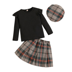 Conyson New Arrival Spring Hot Sale Ruffle Strip Knitted Pullover plaid pleated Skirt With Hat Three Pcs  Baby Girl Clothing set