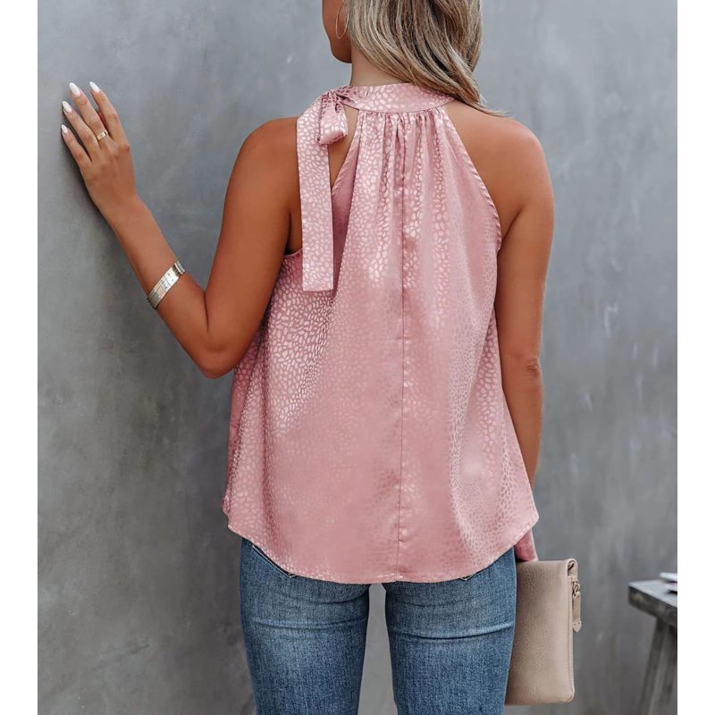 Conyson New Design Europeon Style Summer Halter Bowknot Leopard Print Sleeveless 10 Colors Loose Plain Satin waistcoat woman