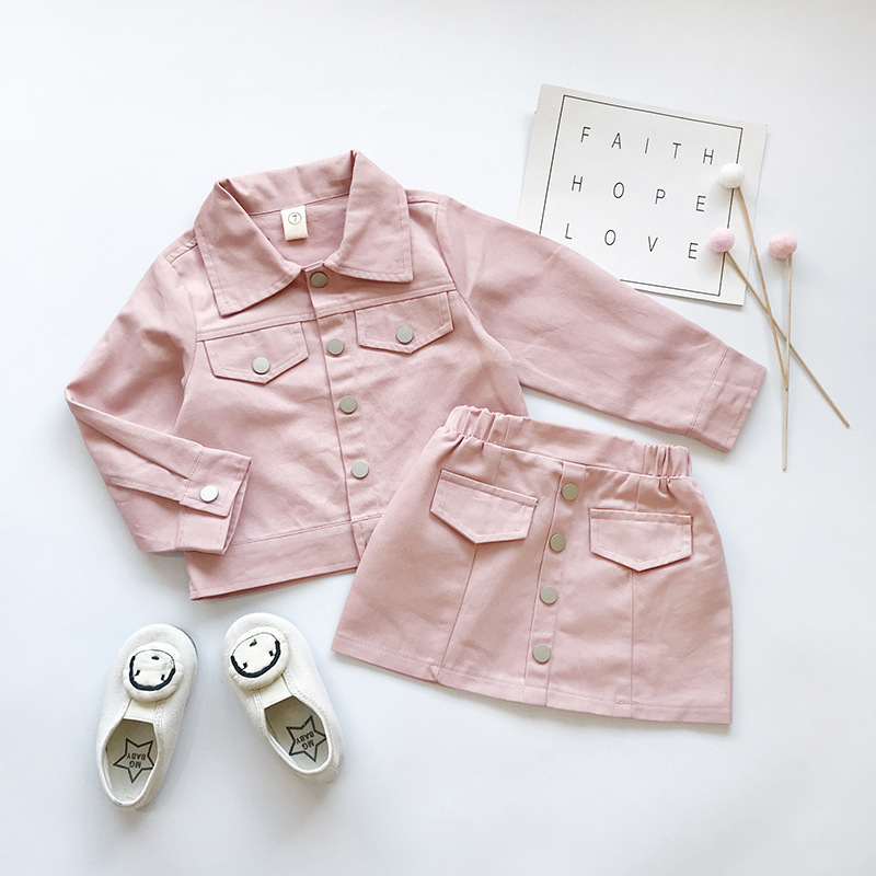 Girl Suit Pink Pocket Buttoned Jacket +Matching Skirt 2 Piece Cotton Baby Girls Boutique Clothing Set