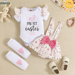 Conyson RTS Summer Letter Romper Suspender Shorts With Kneecap Three Pieces Cute Baby Girl Clothes Easter Kids Wear Clothing