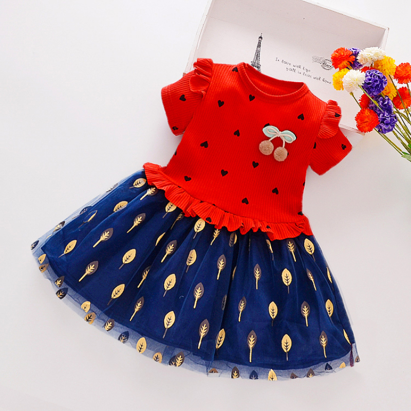 Wholesale High Quality Conyson Summer Cute Knit Patchwork Mesh Skirt Heart Design Little Girls Princess Fluffy Dress