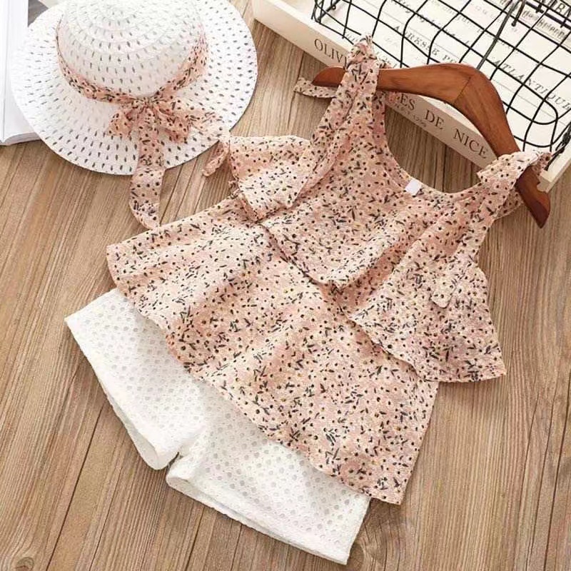 Girl Baby Two Tiered Floral Chiffon Sling Hollow Shorts Straw Hat Three Pieces Suits Casual Rural Sleeveless Sets