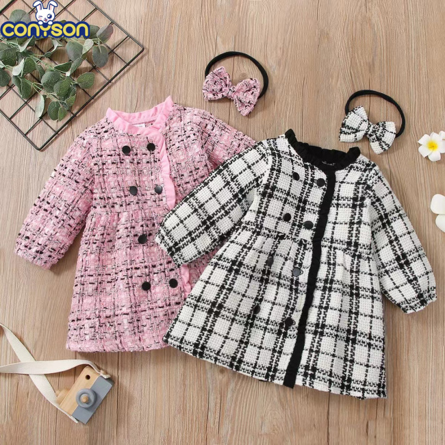 Conyson Hot Wholesale New Casual Style Spring Autumn Long Sleeve 100% Polyester Plaid 1-3 Years Little Girls Kids Party Dresses