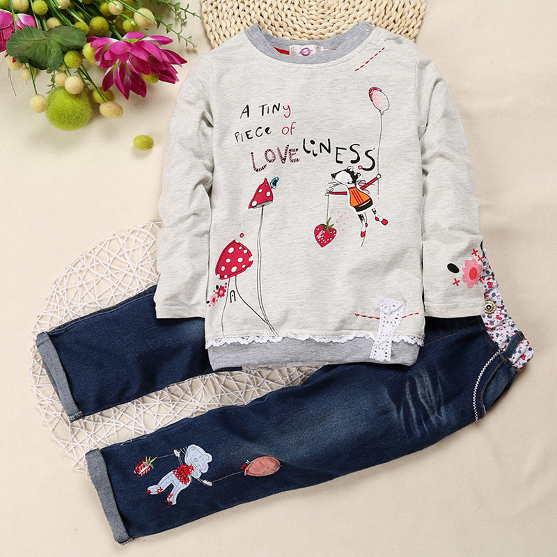 Hot sale 2021 spring autumn children casual long sleeve print sweet floral cotton tops denims baby clothes girls Clothing Set
