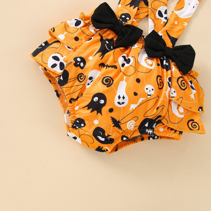 Halloween Baby Girl Toddler Suits Printing Pumpkin Ghost Long Sleeve Romper Bow Overalls Sets Party Club Cosplay Costume