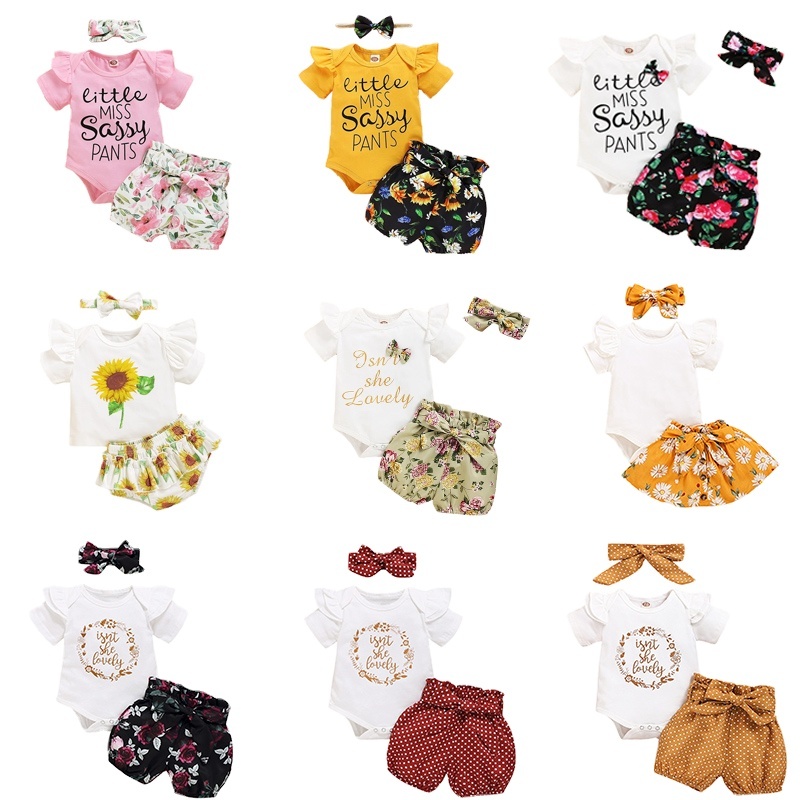 Customized Newborn Baby Girls Printing Clothes Suit Baby Short-sleeve Alphabet Romper + Polka-dot Shorts Sets