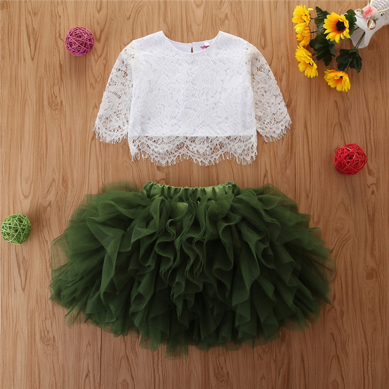 Conyso Kids Girls Lace Dresses Flower Long Sleeve Top Tutu Skirt 2 Piece Clothes Sets Wedding Wear Princess Clothing Suits