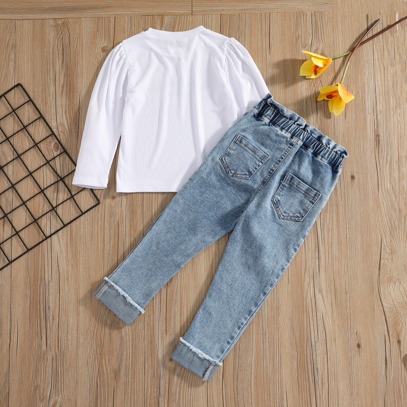 Conyson Spring Fall Custom 2Pcs Outfits Puff Sleeve+Denim Pants Cute Kids Casual Wear Girls Clothing Sets