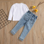 Conyson Spring Fall Custom 2Pcs Outfits Puff Sleeve+Denim Pants Cute Kids Casual Wear Girls Clothing Sets