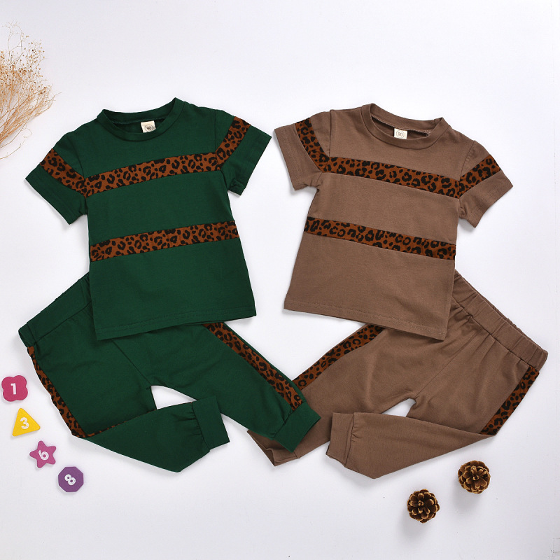 Conyson Wholesale Discount Summer Kids Clothes European Leopard Print Short Sleeve Shirts +Pants 2Pcs Baby Girls Clothing Sets