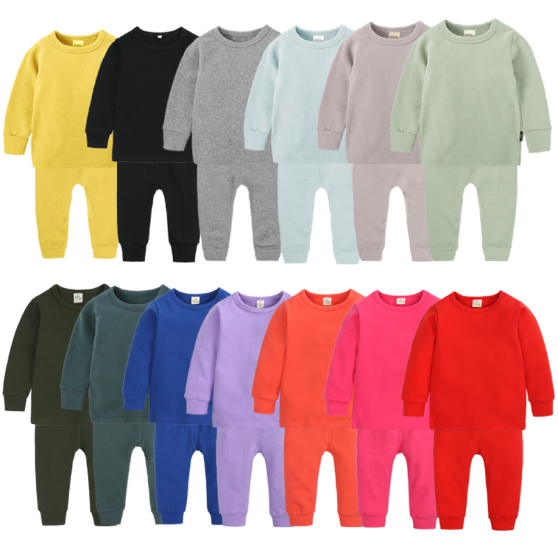 Custom Children Plain Color Ribbed Cotton High Quality Kids cotton Sleepwear Pajama Sets