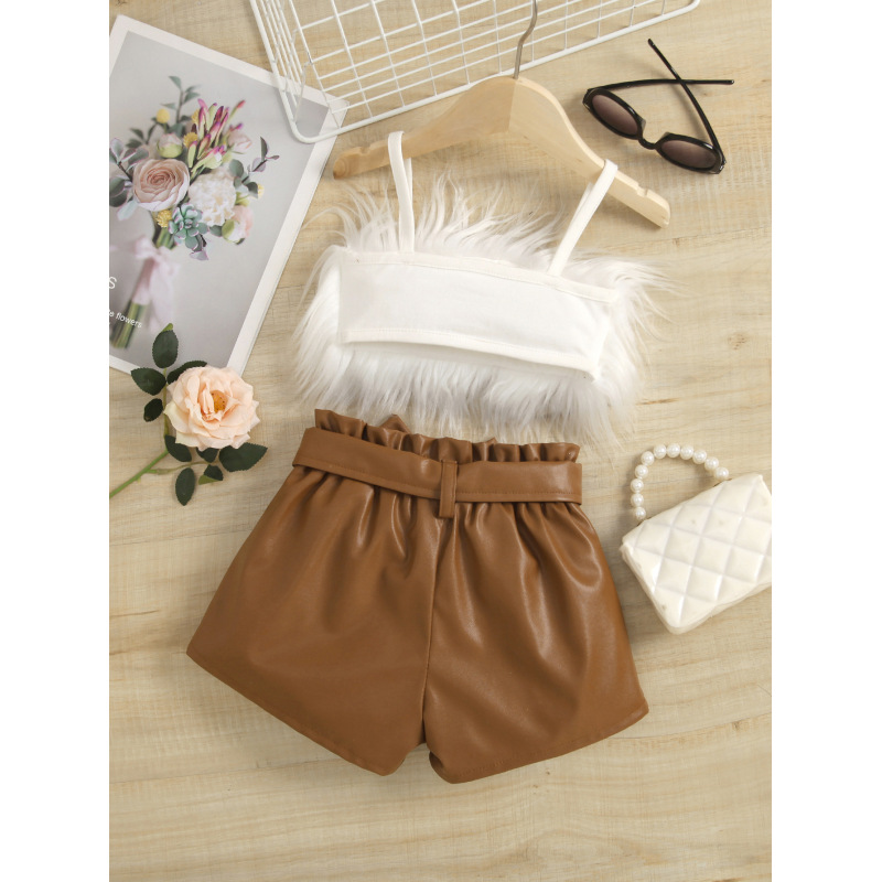 Conyson Summer Children Girls Feather Clothing Sets Sleeveless Fluffy Fur Vest+PU Leather Belt Shorts 2 Piece Casual Outfits