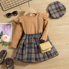 Conyson New Arrival Spring Hot Sale Ruffle Strip Knitted Pullover plaid pleated Skirt With Hat Three Pcs  Baby Girl Clothing set
