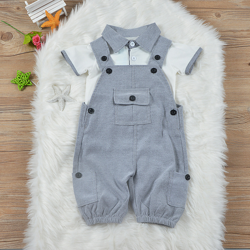 Conyson Wholesale Kids Baby Clothes Summer Causal Outfit Boys Gentlemen Stand Collar Short Sleeves Shirts+Suspender Clothing Set