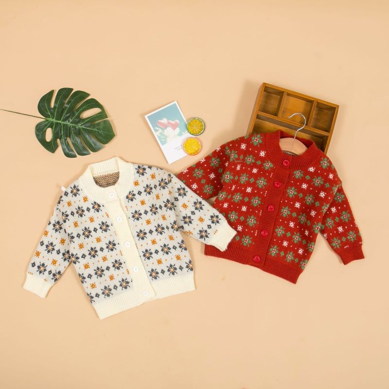 Wholesale White Red Floral Print Cute Polyester 2-9Years Knit Cardigan Sweater Kid Girl