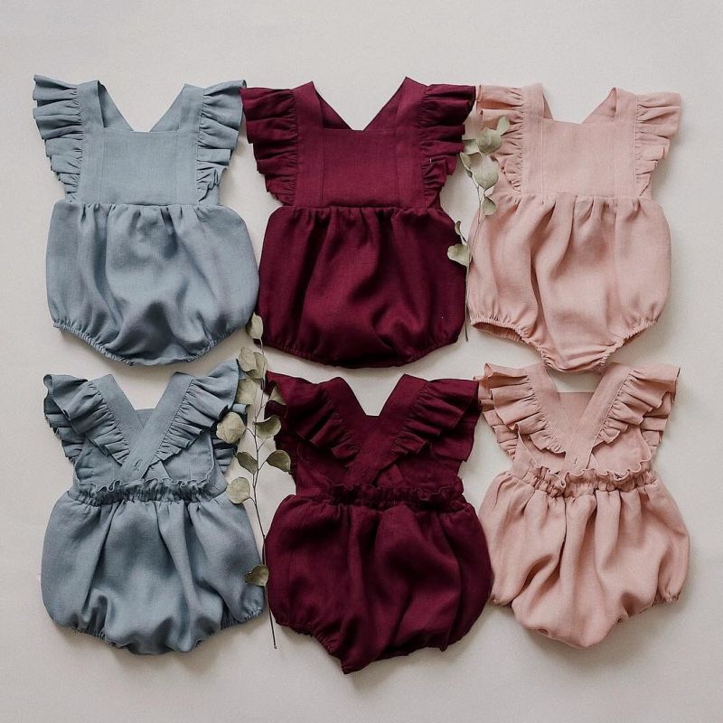 New Product Summer Baby Jumpsuit Linen Sleeveless Playsuit Seersucker Ruffle Sleeve Romper