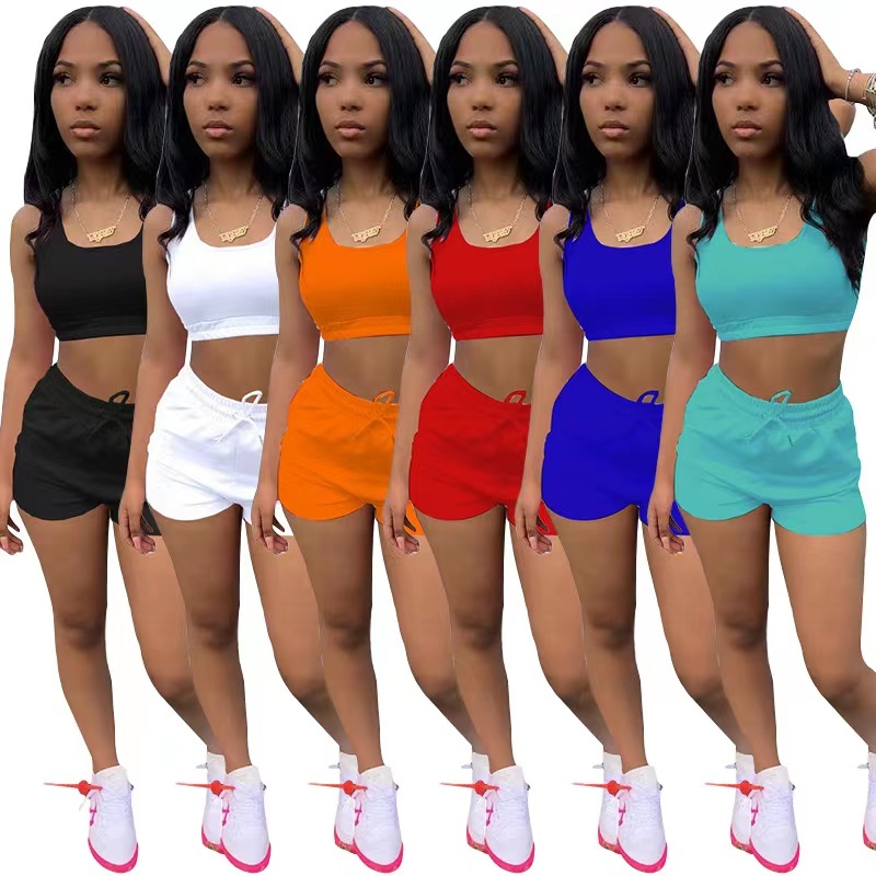 Conyson 2022 Custom Summer Outfits Women Clothing 2 Piece Set Crop Tank Top Jogger Biker Lounge Wear Two Piece Shorts set