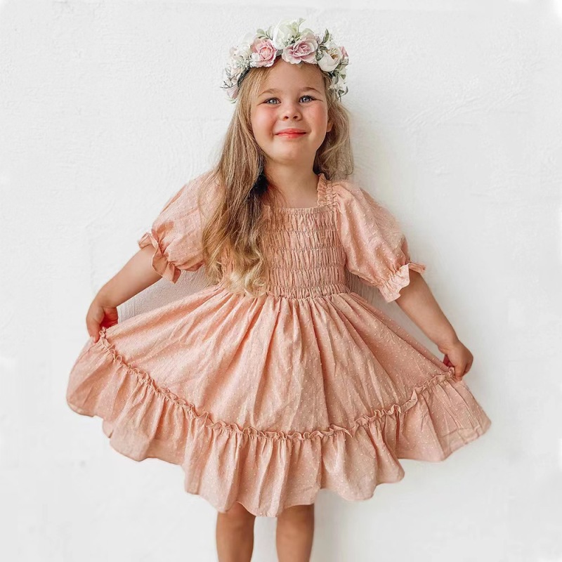Conyson New Arrivals Summer Fashion Shirring Design Square Collar Sweet Puff Sleeve Lattice Floral Girl Formal Princess Dress