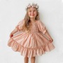 Conyson New Arrivals Summer Fashion Shirring Design Square Collar Sweet Puff Sleeve Lattice Floral Girl Formal Princess Dress