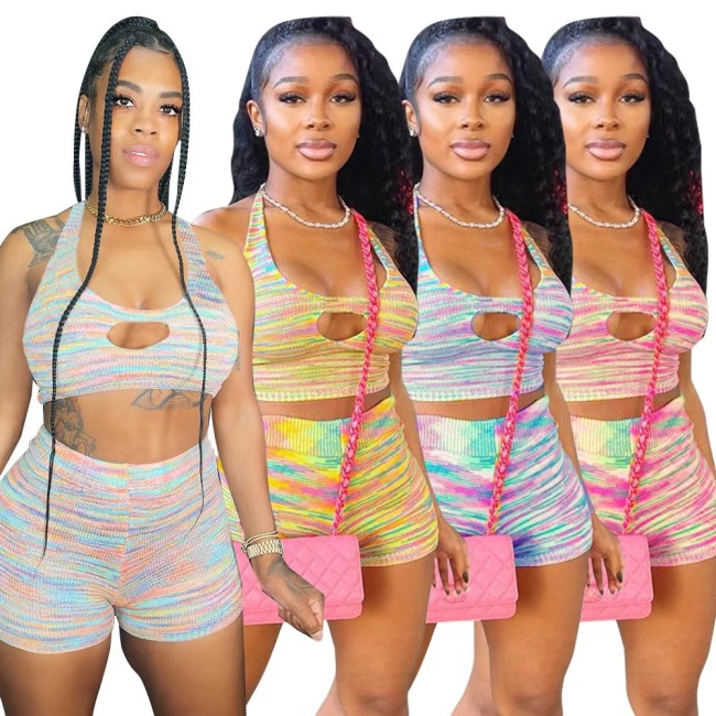 2023 Summer Custom Print Women Clothing 2Pcs Matching Shorts Street Rainbow Plus Fitness Gym Set Sexy Beach Tracksuit Ladies Set