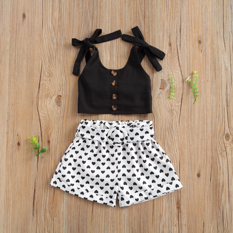 Conyson Toddler Baby Girl Summer 2Pcs Set Solid Bandage Suspender Tops + Polka Dot Elastic Heart Short Pants Casual Outfits