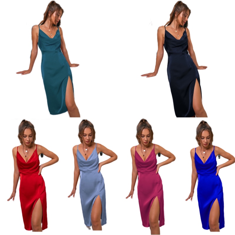 Fashion Elegant Midi Length Women Evening Dresses Spaghetti Strap Satin Split Bodycon Dress Simple Club Low cut Skirt