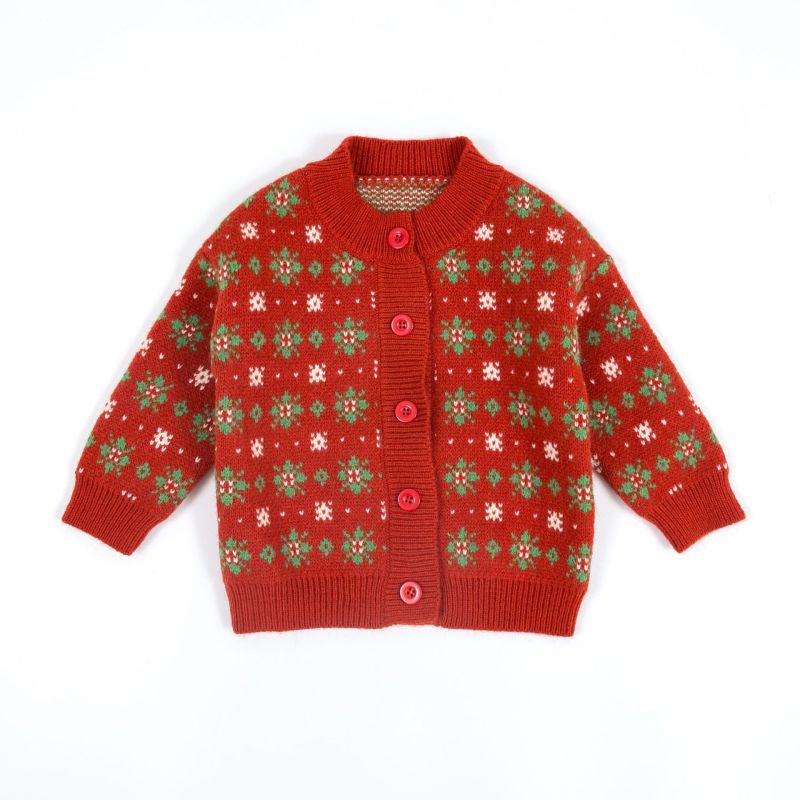 Wholesale White Red Floral Print Cute Polyester 2-9Years Knit Cardigan Sweater Kid Girl