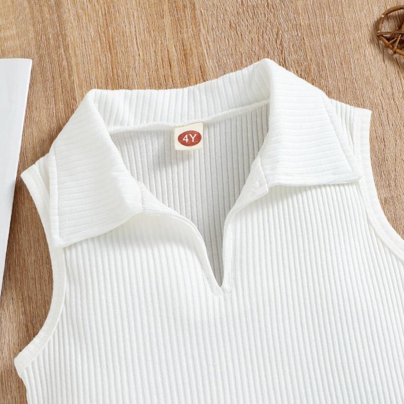 Conyson Hot Sale Girls Fashion Summer Europe Style Sleeveless V-Neck Cotton Pocket Polo Shirt Strip with bow 2 Pcs Girls Set