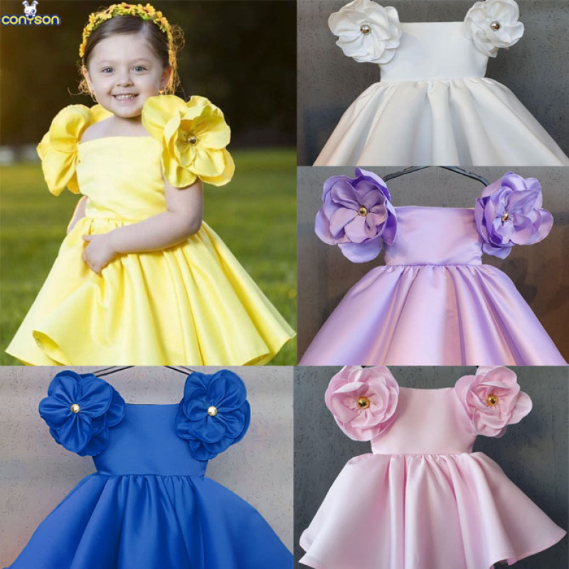 Conyson hot sale rts boutique summer fashion floral sleeve Baby Birthday solid color ball gown Kids Girls Princess Party Dresses