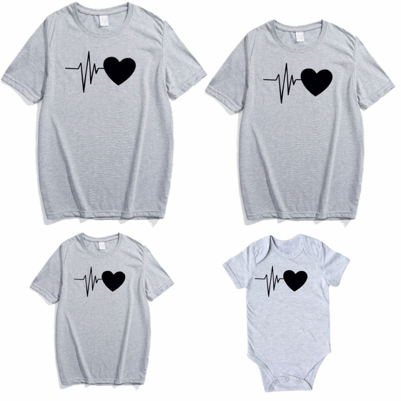 Conyson Hot Sale Family Couples Matching Parent Outfit Dad Mom Baby Girls And Me Heartbeat Printed Man Woman Kids Clothes Shirt
