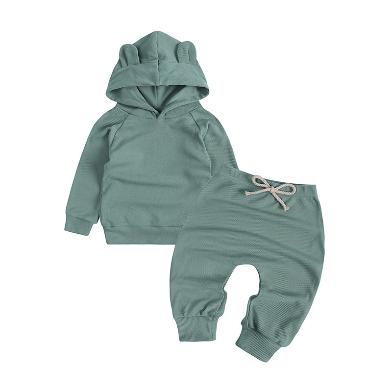 Toddler Outfits Solid Knitted Boy Long Sleeve Hooded  Infant Bodysuits Tops+Elastic Waist Pants Casual Baby Clothes Sets