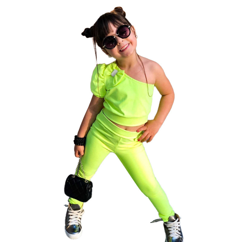 Conyson Wholesale Summer Short Sleeve Kids Clothes Causal Solid Baby Girl Cotton Sleeveless One shoulder Tops Pants Legging Sets