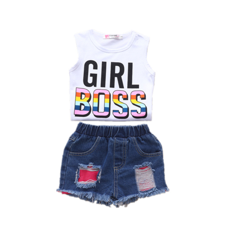 Baby Girl Summer Outfit Cotton White Girl Printed Tank Top Distressed Patched Denim shorts Kid Girl Sleeveless clothing Set