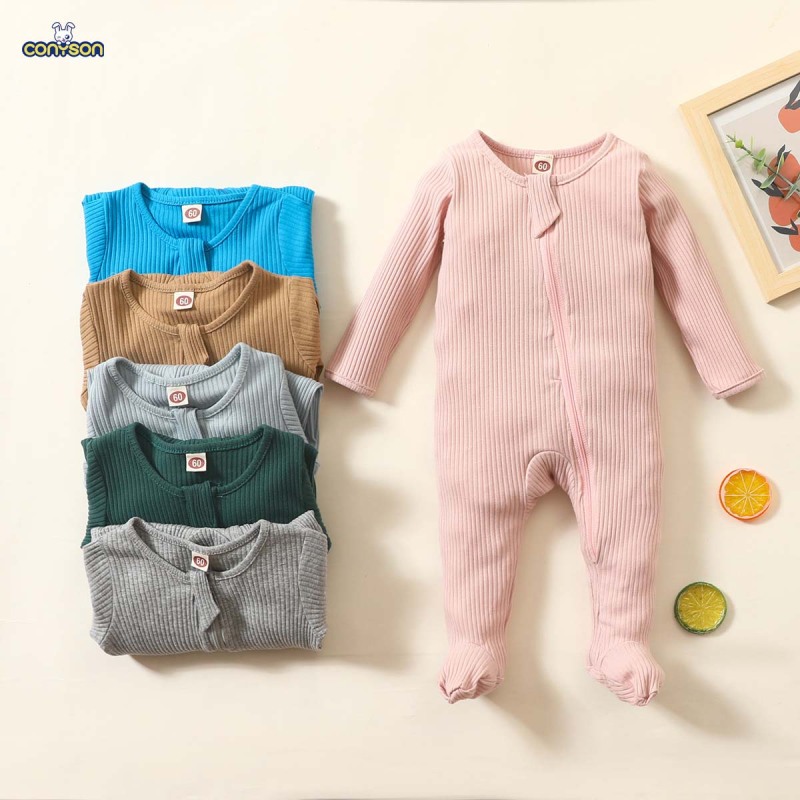 Conyson Spring Design Soft Toodle Infant Comfortable One Piece Clothes Knitted Pullover Long Sleeved Solid Zip Baby Foot Romper