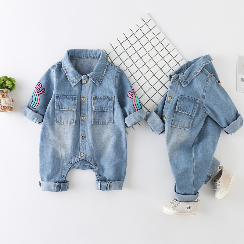 Conyson Hot Sale Organic Cotton Unisex Cowboy Long Sleeve Denim Onesie Korean Kids Clothing Baby Romper