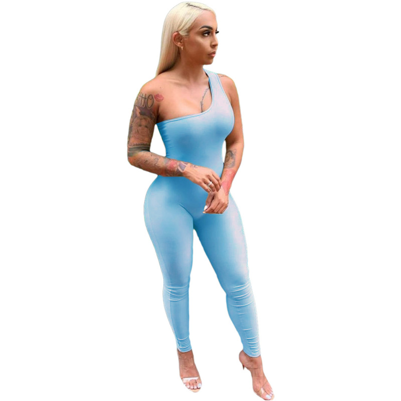 Summer Women's Casual Clothing Solid Skinny Sleeveless Bodysuit Ladies Romper Slim One-shoulder Long Pants Women Jumpsuit