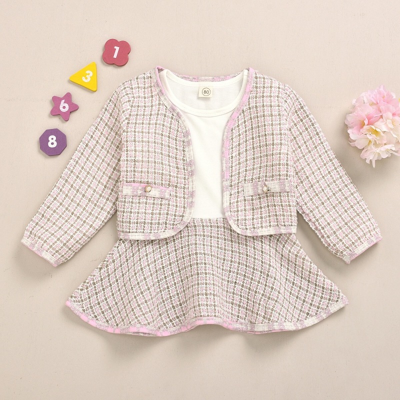 Autumn Winter Party Kids Clothes For Baby Girl Fashion Pageant Plaid Coat Tutu Dress Outfits Suit Toddler Girl Clothing Set