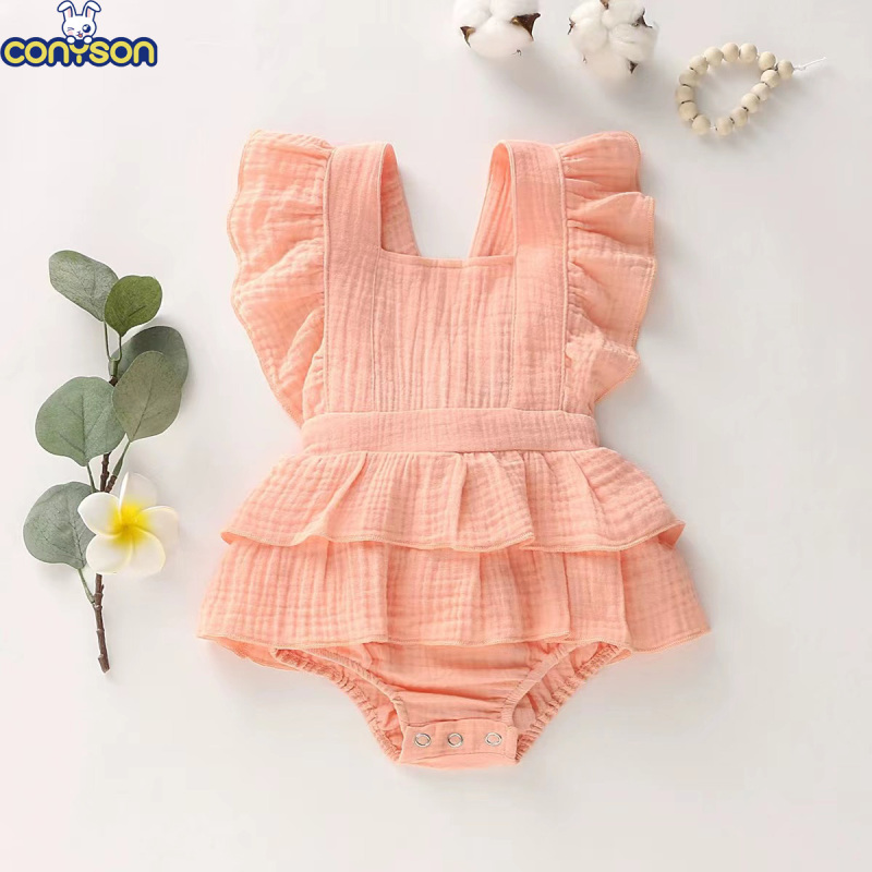Conyson New Design European Style Spring Summer Sleeveless Hidden Button Bowknot Cotton Infant Newborn Baby Girl Romper