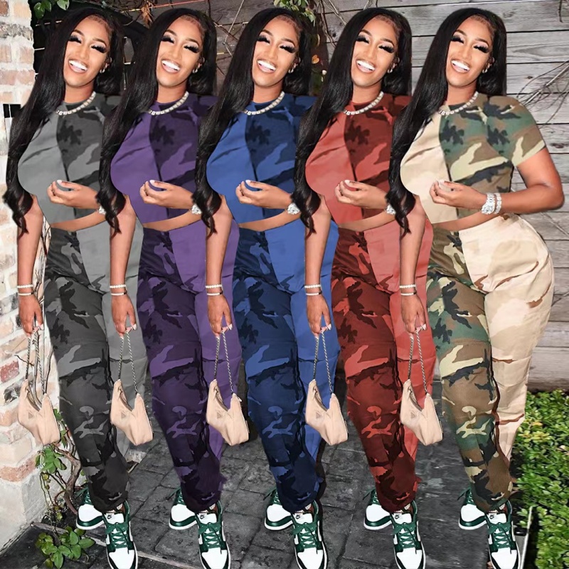 Custom Logo Patchwork Printed Camouflage Suits Jogger Sweatsuit Two Piece Outfits 2022 Summer Women Sports Sets