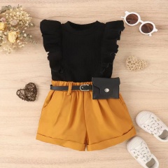 Conyson New Design Custom Ruffle Pit Strip Cotton Fabric Flying Sleeve With Bag Baby Girl Two Piece Spring Summer Short Set