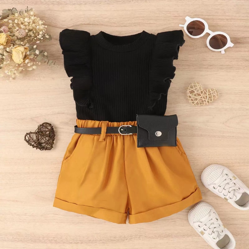 Conyson New Design Custom Ruffle Pit Strip Cotton Fabric Flying Sleeve With Bag Baby Girl Two Piece Spring Summer Short Set