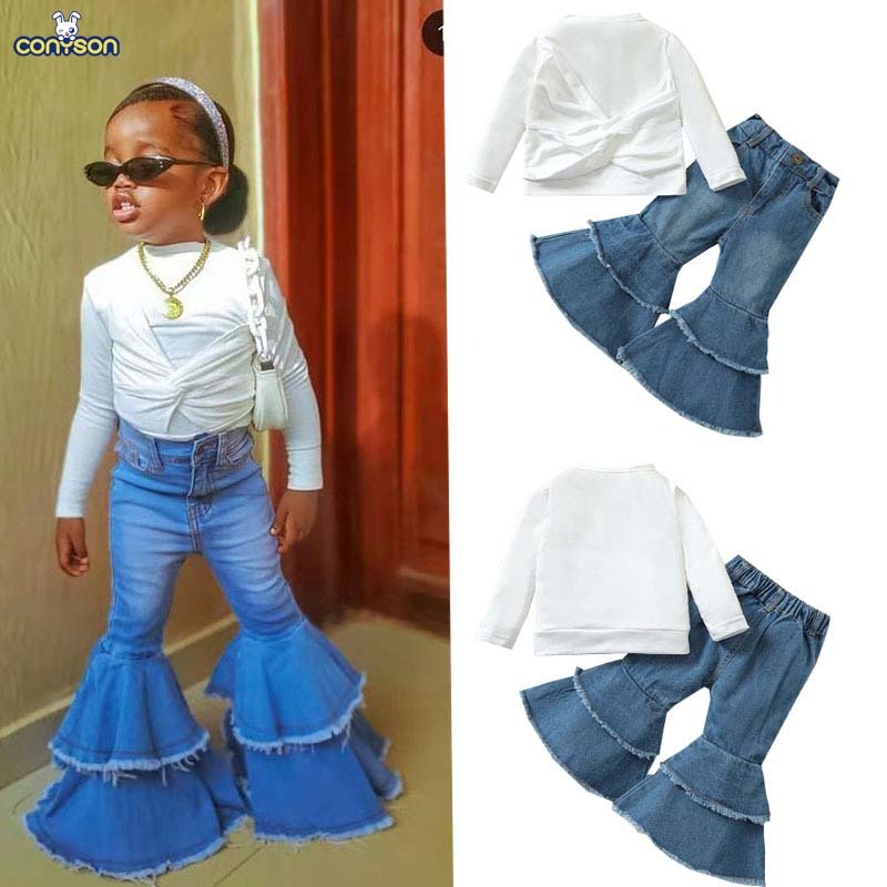 Conyson Designer Long Sleeve White Pullover Top Long Denim Jeans Elastic Waist Trousers Children Girls Clothes Outfit Suits
