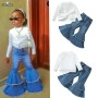 Conyson Designer Long Sleeve White Pullover Top Long Denim Jeans Elastic Waist Trousers Children Girls Clothes Outfit Suits