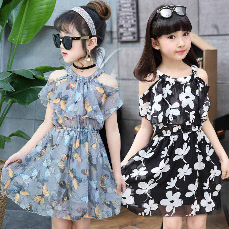 Top Pick Summer Girls Casual Dresses Girls Princess Party Ruffle Dress Print Short Sleeve Off-the-shoulder Girls Dress