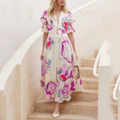 Conyson Low MOQ Spring Autumn Long Sleeve Western Style Polyester V-neck Beach High-waisted Printed Bodycon Women Dress