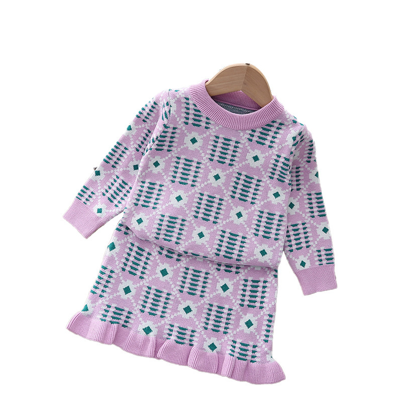 Lovely Knitted Geometric Oneck Sweater Skirt Two Piece Baby Girl Suit Long Sleeve Pullover Top Ruffles Mini Skirts Sets