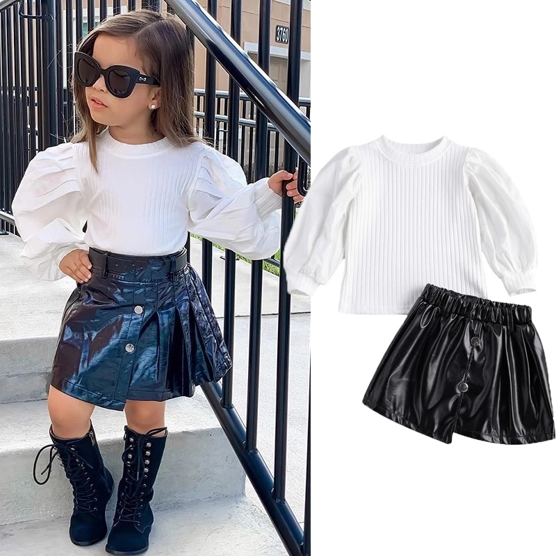 Conyson Wholesale New Fashion Double Bubble Sleeves Knitted Tops Leather Skirt Set Little Girls 2pcs Clothing Set