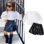 Conyson Wholesale New Fashion Double Bubble Sleeves Knitted Tops Leather Skirt Set Little Girls 2pcs Clothing Set