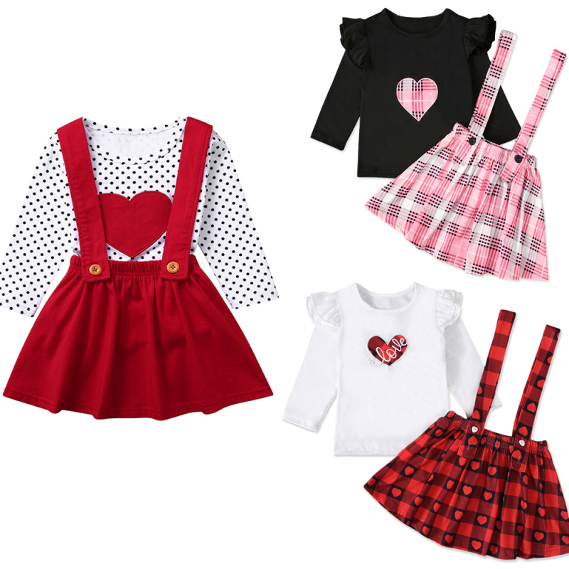 Conyson Wholesale New Designer Valentine's Day Kids Gift Clothes Long Sleeve Dots Tops+Halter Layered Kids Girls Clothing Set